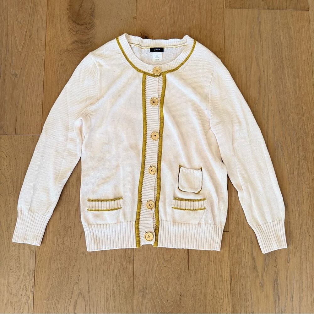 J. Crew Ivory and Gold/Olive Trim 100% Cotton 3/4 Sleeve Cardigan - XS
